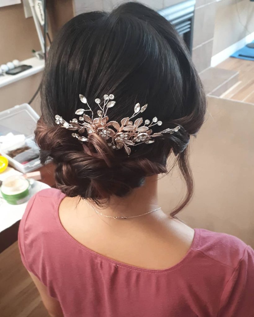 Wedding updo hair design and bridal makeup by YesMona Burnaby